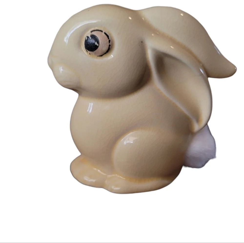 Charming Yellow Ceramic Bunny Figurine Cotton Ball Dispenser
